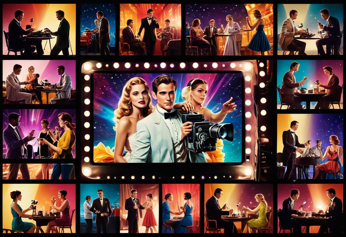 A dynamic collage depicting vibrant scenes from various adult cinema genres, including a glamorous film set, actors in expressive poses, sparkling lights, and a rich color palette. Incorporate iconic cinematic elements like a vintage film camera, clapperboard, and film reel scattered throughout the scene. Capture the allure and excitement of storytelling in adults' cinema with an artistic touch. bold colors. cinematic style. high contrast.