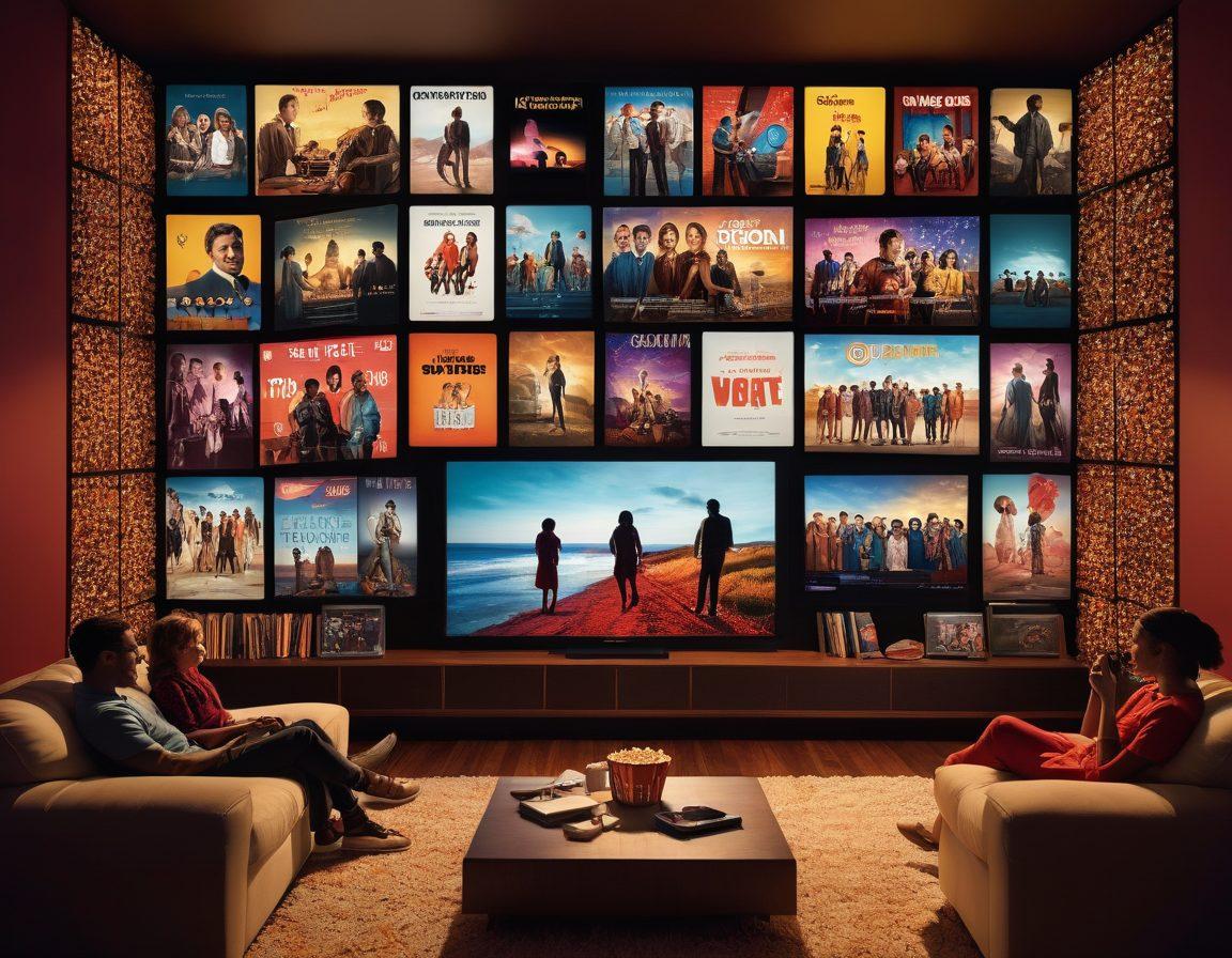 A visually engaging collage featuring iconic scenes from classic and contemporary adult cinema, vibrant film reels spinning around the collage, and silhouettes of diverse individuals enjoying movies on various streaming devices. The background should have a soft focus of a cozy home theater. Include elements like popcorn and a remote to emphasize the viewing experience. cinematic art. vibrant colors. 3D.